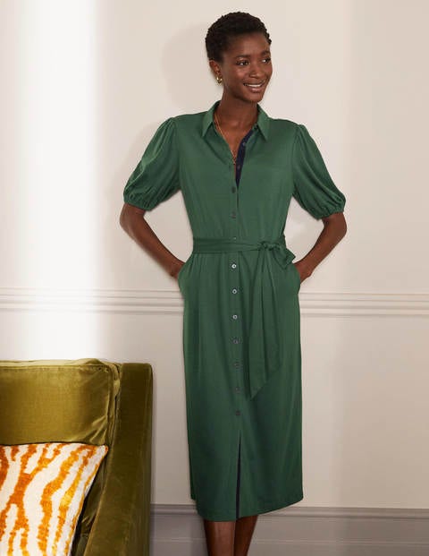 Puff Sleeve Jersey Shirt Dress - Wellington Green Puff Sleeve Jersey Shirt Dress - Wellington Green
