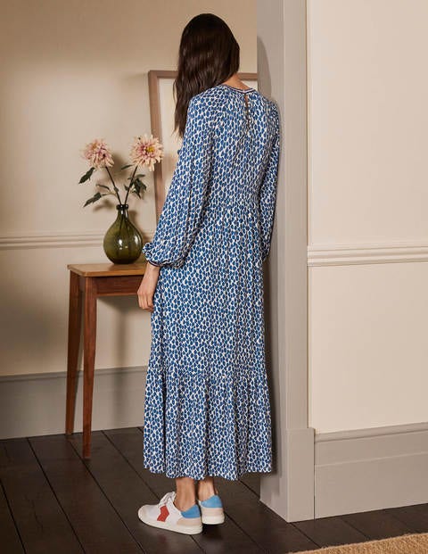 Jersey-Midikleid mit Stickerei - Galaxieblau, Geometrisches Gepardenmuster Jersey-Midikleid mit Stickerei - Galaxieblau, Geometrisches Gepardenmuster