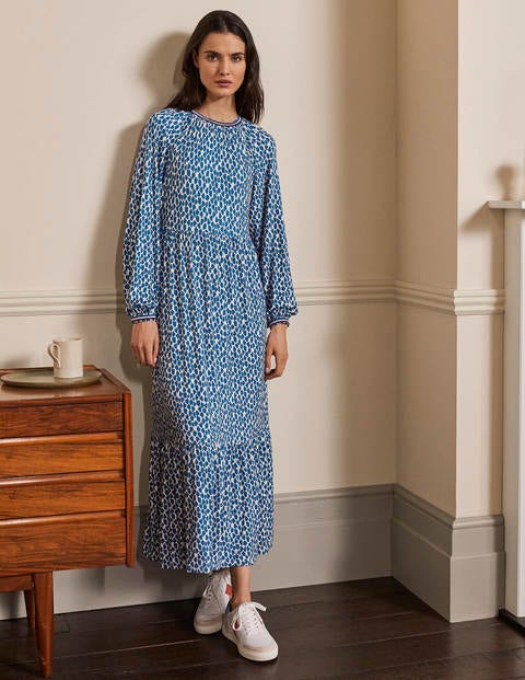 Jersey-Midikleid mit Stickerei - Galaxieblau, Geometrisches Gepardenmuster Jersey-Midikleid mit Stickerei - Galaxieblau, Geometrisches Gepardenmuster