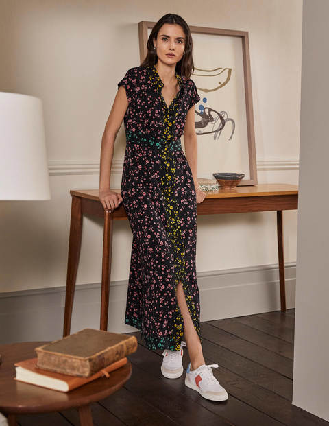 Sleeveless Shirt Midi Dress - Black and Azalea, Floral Sprig Sleeveless Shirt Midi Dress - Black and Azalea, Floral Sprig