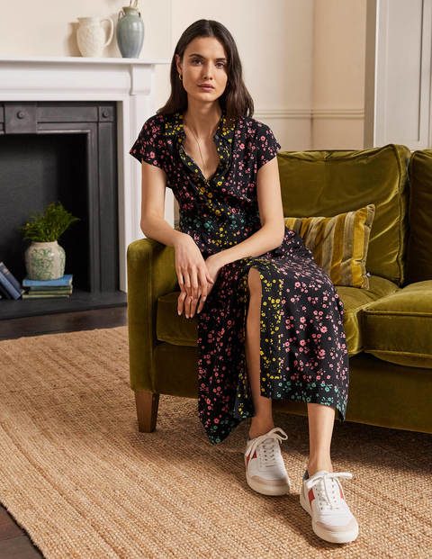 Sleeveless Shirt Midi Dress - Black and Azalea, Floral Sprig Sleeveless Shirt Midi Dress - Black and Azalea, Floral Sprig