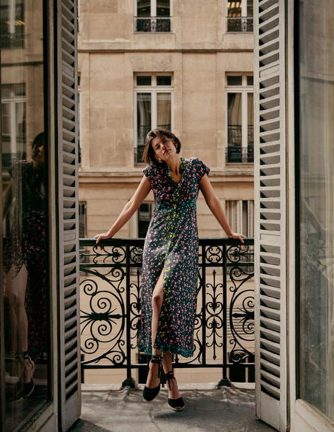 Sleeveless Shirt Midi Dress - Black and Azalea, Floral Sprig Sleeveless Shirt Midi Dress - Black and Azalea, Floral Sprig