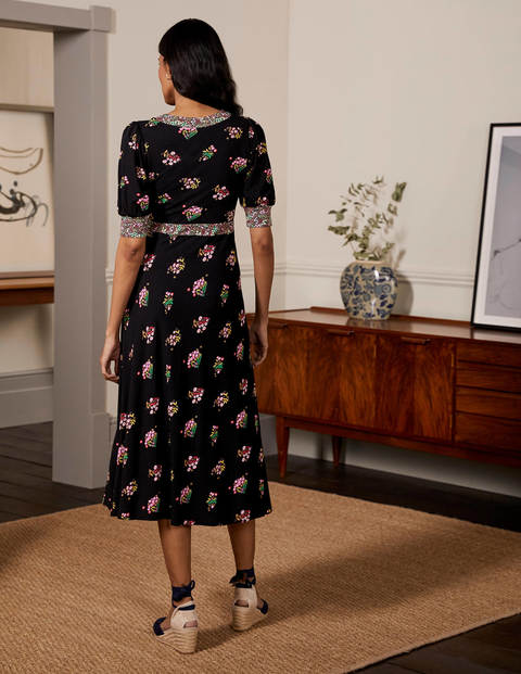Eva Jersey-Midikleid - Schwarz, Zarte Zweige Eva Jersey-Midikleid - Schwarz, Zarte Zweige