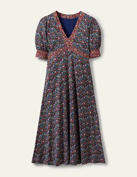 Eva Jersey-Midikleid - Marineblau, Prärie-Blumen Eva Jersey-Midikleid - Marineblau, Prärie-Blumen