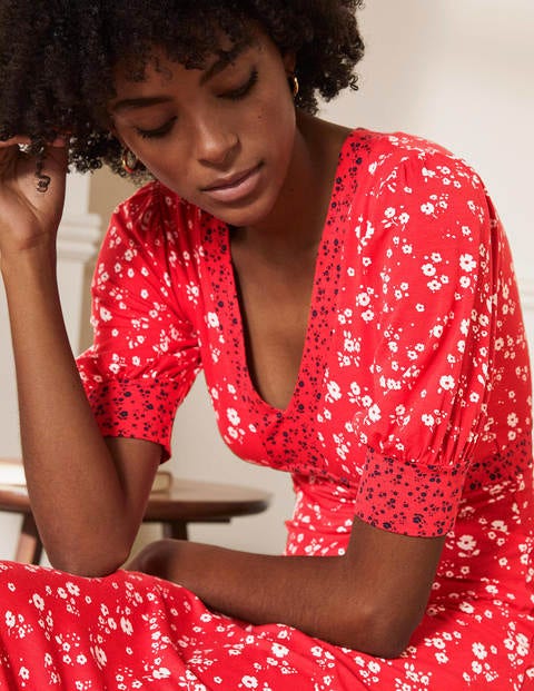 Eva Jersey Midi Dress - Cherry Red, Floral Sprig Eva Jersey Midi Dress - Cherry Red, Floral Sprig