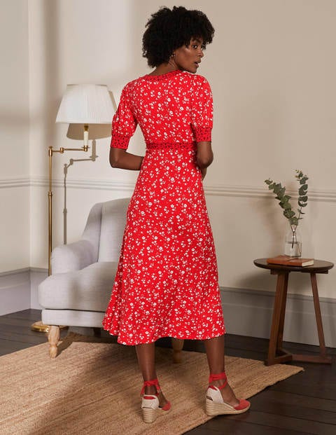 Eva Jersey Midi Dress - Cherry Red, Floral Sprig Eva Jersey Midi Dress - Cherry Red, Floral Sprig