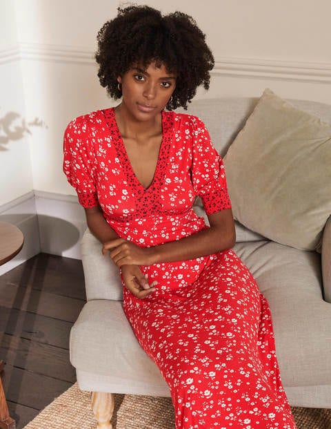 Eva Jersey Midi Dress - Cherry Red, Floral Sprig Eva Jersey Midi Dress - Cherry Red, Floral Sprig