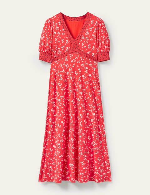 Eva Jersey Midi Dress - Cherry Red, Floral Sprig Eva Jersey Midi Dress - Cherry Red, Floral Sprig