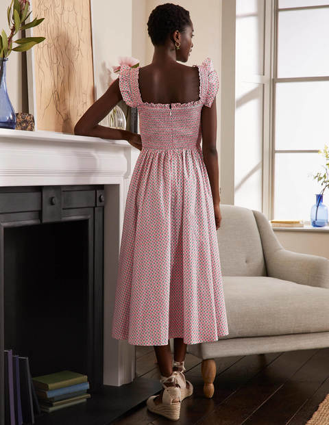 Square Neck Smocked Dress - Ivory, Circle Stamp Square Neck Smocked Dress - Ivory, Circle Stamp