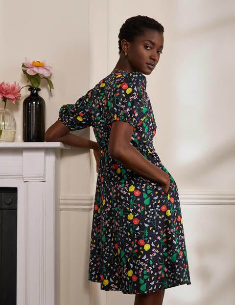 Puff Sleeve Cotton Tea Dress - French Navy, Butterfly Garden Puff Sleeve Cotton Tea Dress - French Navy, Butterfly Garden