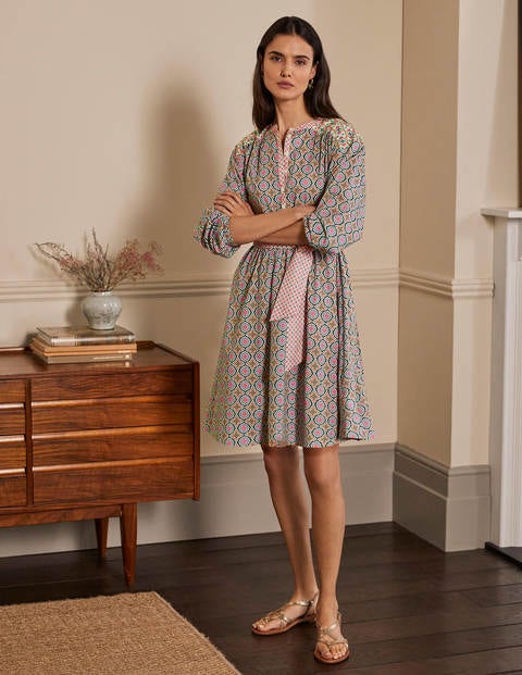 Belted Cotton Dress - Ivory, Mosaic Tile Belted Cotton Dress - Ivory, Mosaic Tile