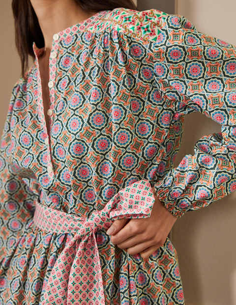 Belted Cotton Dress - Ivory, Mosaic Tile Belted Cotton Dress - Ivory, Mosaic Tile