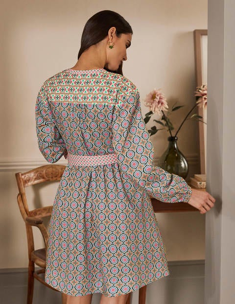 Belted Cotton Dress - Ivory, Mosaic Tile Belted Cotton Dress - Ivory, Mosaic Tile