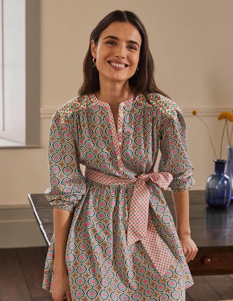 Belted Cotton Dress - Ivory, Mosaic Tile Belted Cotton Dress - Ivory, Mosaic Tile