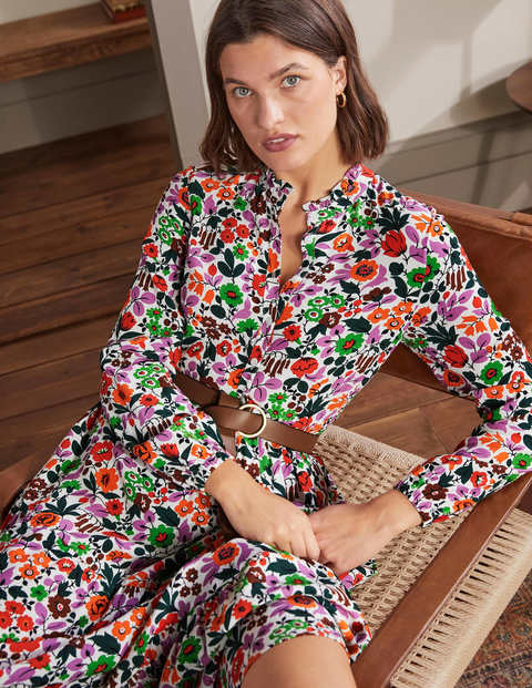 Tiered Maxi Shirt Dress - Ivory, Floral Forest Tiered Maxi Shirt Dress - Ivory, Floral Forest