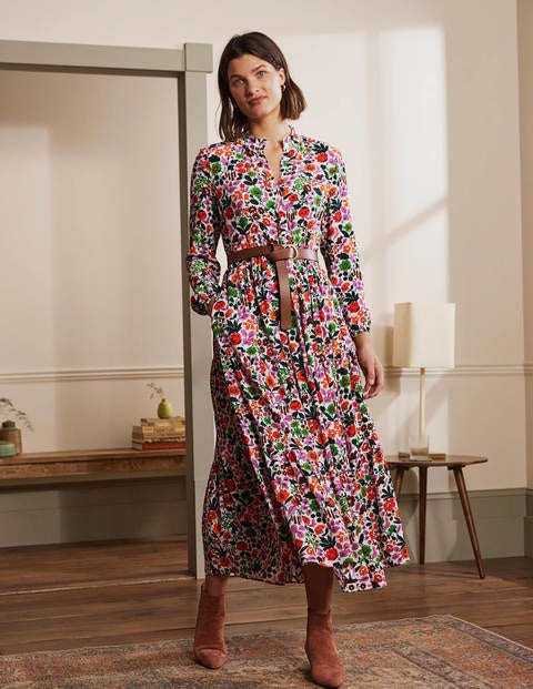Tiered Maxi Shirt Dress - Ivory, Floral Forest Tiered Maxi Shirt Dress - Ivory, Floral Forest