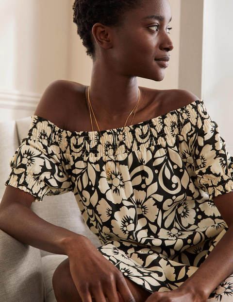 Off Shoulder Mini Dress - Black, Hibiscus Floral Off Shoulder Mini Dress - Black, Hibiscus Floral