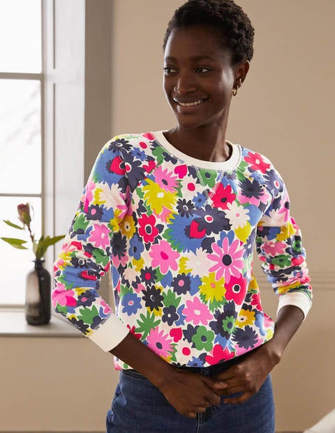 Sweatshirt aus Baumwolle - Naturweiß, Bunte Gänseblümchen