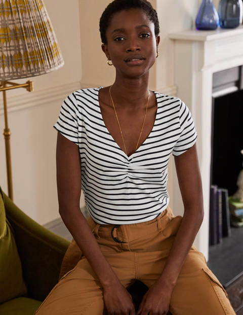 Supersoft Ruched V-neck Tee - Ivory/ Navy Supersoft Ruched V-neck Tee - Ivory/ Navy