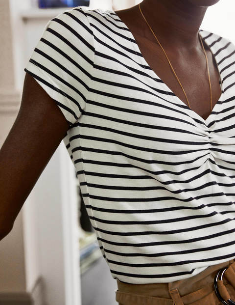 Supersoft Ruched V-neck Tee - Ivory/ Navy Supersoft Ruched V-neck Tee - Ivory/ Navy