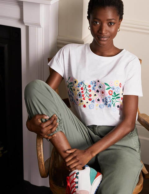 Lena Embroidered Jersey Tee - White, Multi Floral Embroidery Lena Embroidered Jersey Tee - White, Multi Floral Embroidery