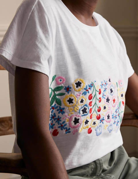 Lena Embroidered Jersey Tee - White, Multi Floral Embroidery Lena Embroidered Jersey Tee - White, Multi Floral Embroidery