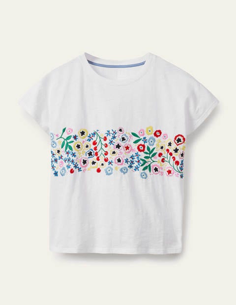 Lena Embroidered Jersey Tee - White, Multi Floral Embroidery Lena Embroidered Jersey Tee - White, Multi Floral Embroidery