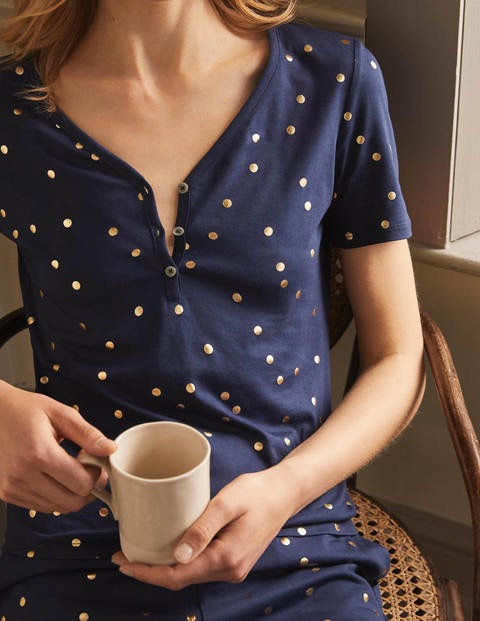 Henley Schlafanzugoberteil mit kurzen Ärmeln - Navy, Verstreute Tupfen Henley Schlafanzugoberteil mit kurzen Ärmeln - Navy, Verstreute Tupfen