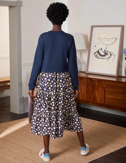 Woven Mix Tiered Dress - French Navy, Leafy Bud Woven Mix Tiered Dress - French Navy, Leafy Bud