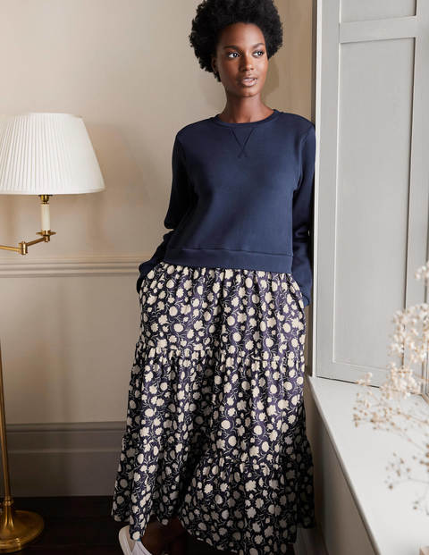 Woven Mix Tiered Dress - French Navy, Leafy Bud Woven Mix Tiered Dress - French Navy, Leafy Bud