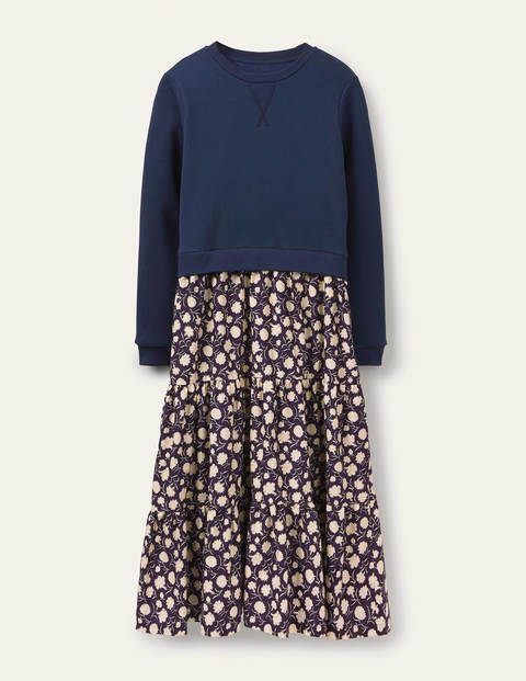 Woven Mix Tiered Dress - French Navy, Leafy Bud Woven Mix Tiered Dress - French Navy, Leafy Bud