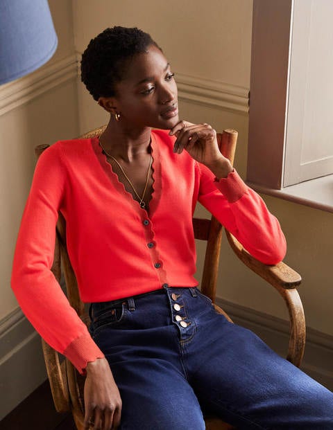 Merino Scallop Trim Cardigan - Cherry Red Merino Scallop Trim Cardigan - Cherry Red