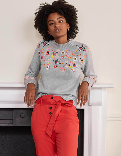Embroidered Relaxed Sweater - Silver Melange