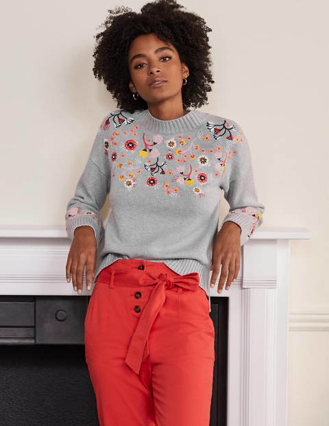 Embroidered Relaxed Sweater - Silver Melange Embroidered Relaxed Sweater - Silver Melange