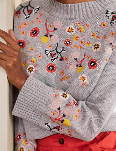 Embroidered Relaxed Sweater - Silver Melange Embroidered Relaxed Sweater - Silver Melange
