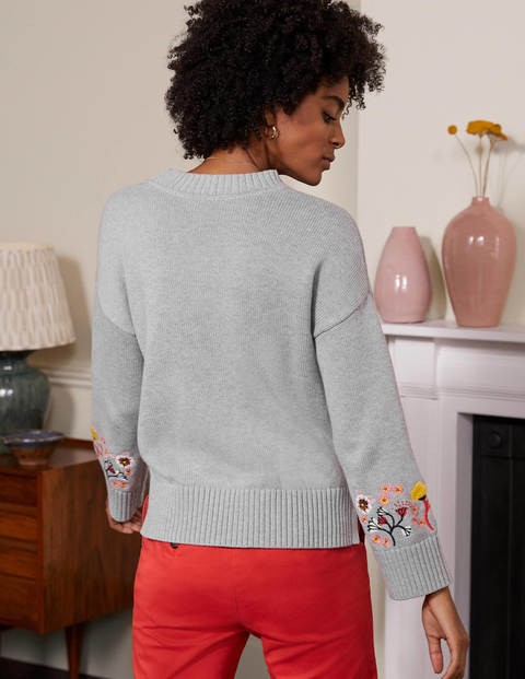 Embroidered Relaxed Sweater - Silver Melange Embroidered Relaxed Sweater - Silver Melange