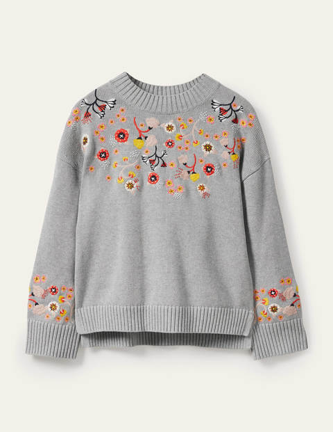 Embroidered Relaxed Sweater - Silver Melange Embroidered Relaxed Sweater - Silver Melange