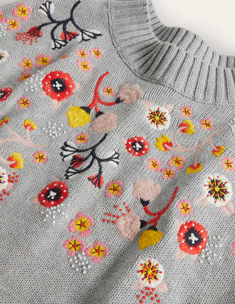Embroidered Relaxed Sweater - Silver Melange Embroidered Relaxed Sweater - Silver Melange