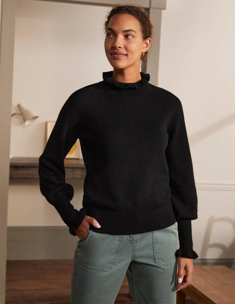 Kaschmirpullover mit Rüschenausschnitt - Tiefschwarz Kaschmirpullover mit Rüschenausschnitt - Tiefschwarz