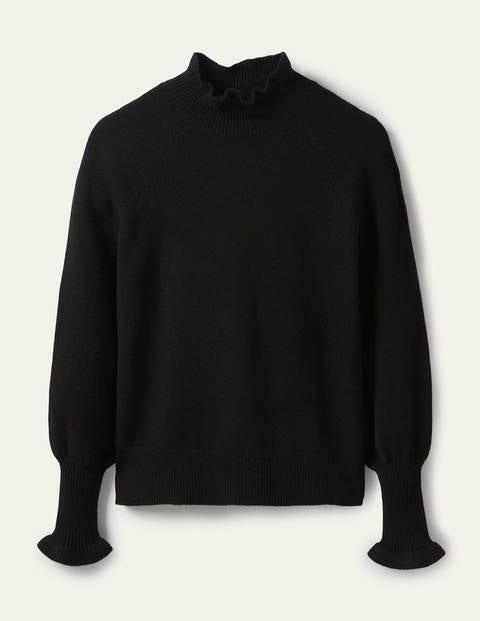Kaschmirpullover mit Rüschenausschnitt - Tiefschwarz Kaschmirpullover mit Rüschenausschnitt - Tiefschwarz