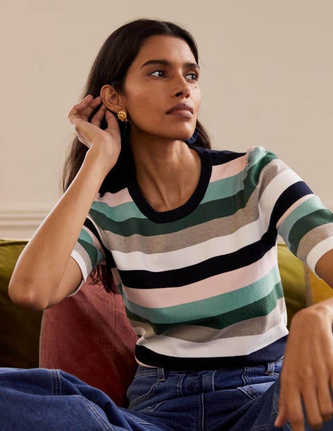 Cotton Crew Knitted Top - Palm Leaf, Multi Stripe Cotton Crew Knitted Top - Palm Leaf, Multi Stripe