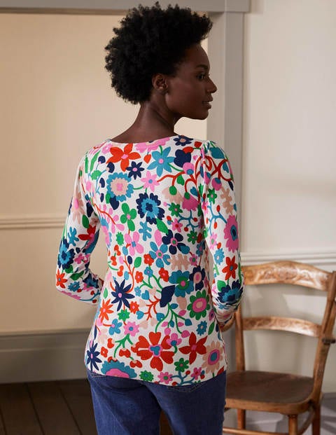 Baumwollpullover mit V-Ausschnitt - Naturweiß, Prärie-Blumen Baumwollpullover mit V-Ausschnitt - Naturweiß, Prärie-Blumen