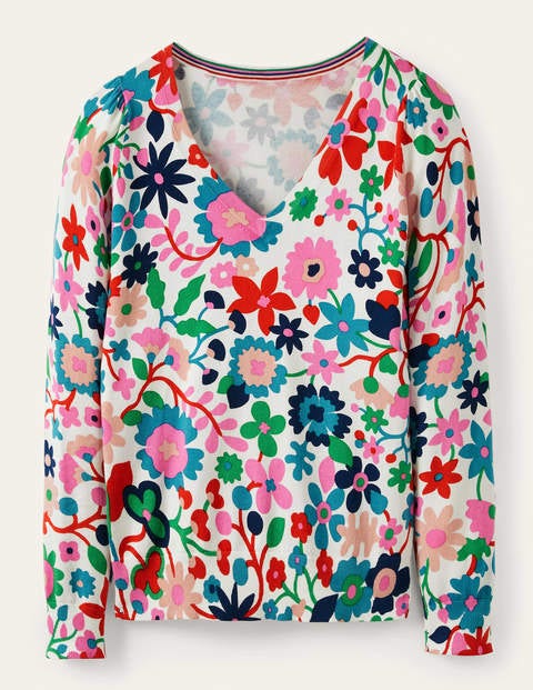 Baumwollpullover mit V-Ausschnitt - Naturweiß, Prärie-Blumen Baumwollpullover mit V-Ausschnitt - Naturweiß, Prärie-Blumen
