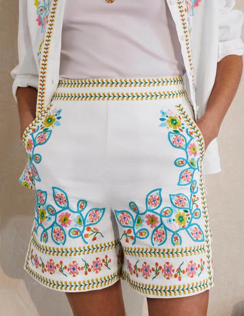 Georgina Linen Shorts - White, Embroidery Georgina Linen Shorts - White, Embroidery