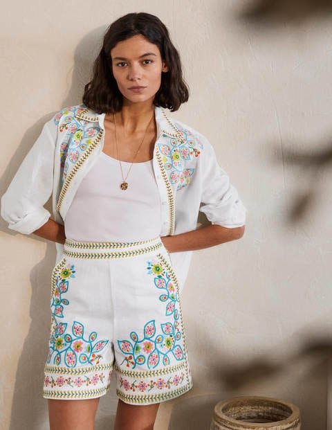 Georgina Linen Shorts - White, Embroidery