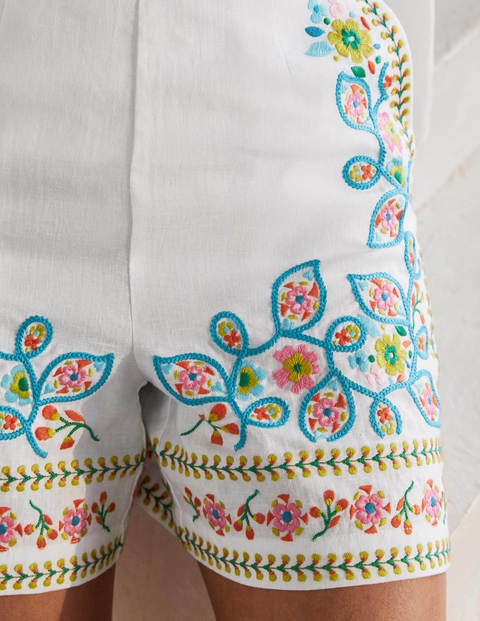 Georgina Linen Shorts - White, Embroidery Georgina Linen Shorts - White, Embroidery