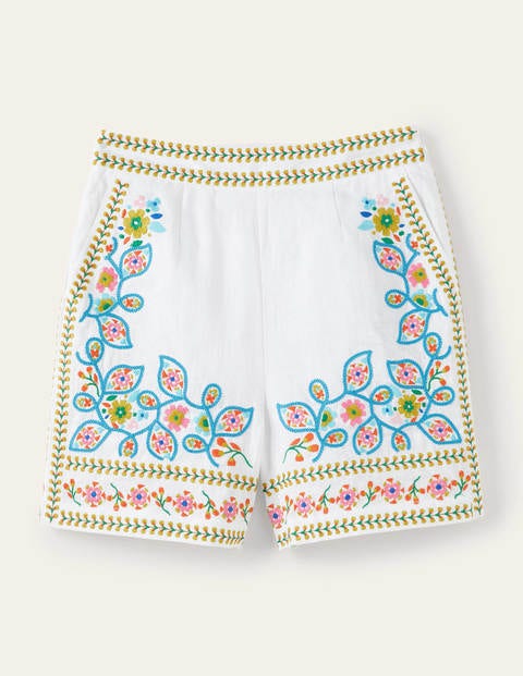 Georgina Linen Shorts - White, Embroidery Georgina Linen Shorts - White, Embroidery