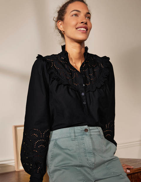 Broderie Frill Cotton Shirt - Black Broderie Frill Cotton Shirt - Black