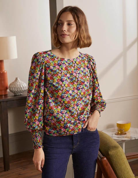 Baumwolloberteil mit gesmokten Bündchen - Kirschrot, Bunte Gänseblümchen Baumwolloberteil mit gesmokten Bündchen - Kirschrot, Bunte Gänseblümchen