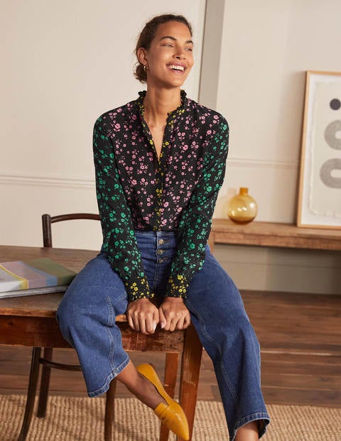 Ruffle Silk Shirt - Black and Azalea, Floral Sprig Ruffle Silk Shirt - Black and Azalea, Floral Sprig